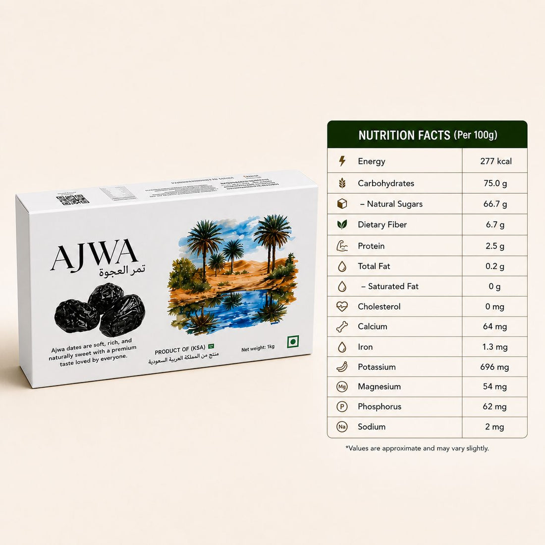 Snakory Ajwa Dates (1kg)– Soft, Fresh & Nutrient-Dense