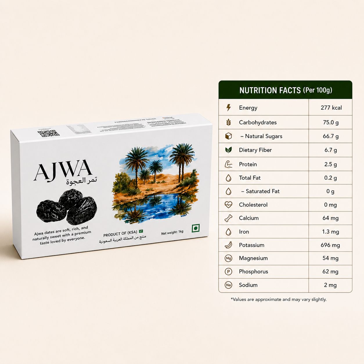 Snakory Ajwa Dates (1kg)– Soft, Fresh & Nutrient-Dense